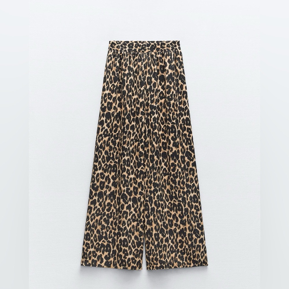 Zara Animal Print Flowy Palazzo Pant Black and Tan size S